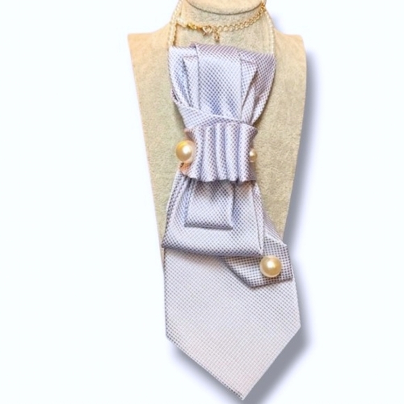 Accessories - Decorative Light Blue And White Textured Fokded Cravat with Pearl Accents
